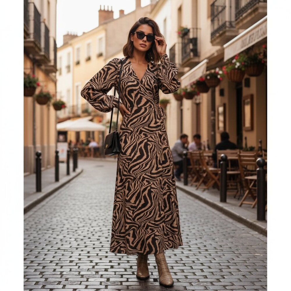 Ganni Tiger Print Crepe Wrap Midi Dress